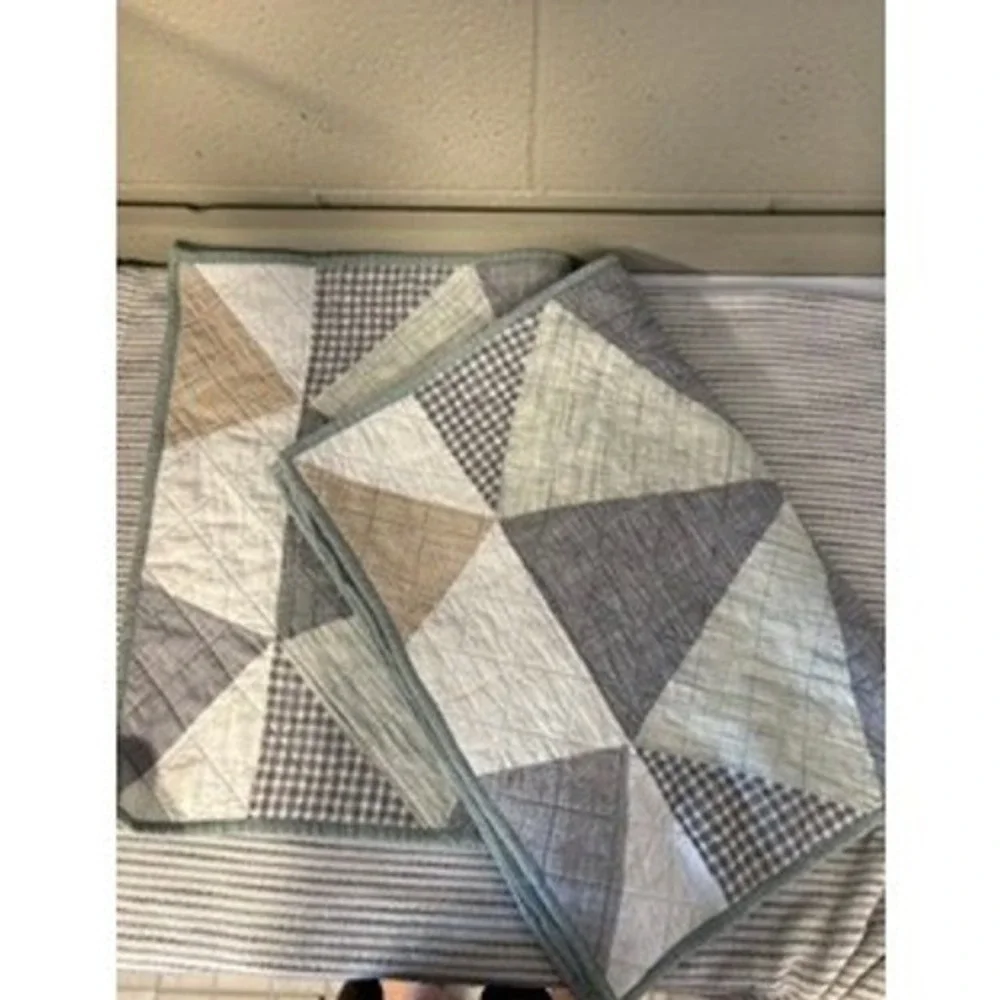 Origami Patchwork 30x20 Standard Sham Grey Green Tan Geometric Cotton Quilt